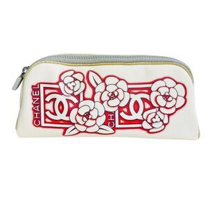 Rare Chanel Rose Floral CC Logo Large Cosmetic Double Zip Pouch Bag Clutch